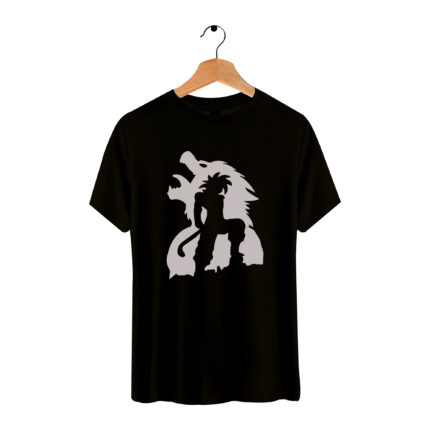 Black T-Shirt with Silhouette of a Hero and Roaring Beast Design