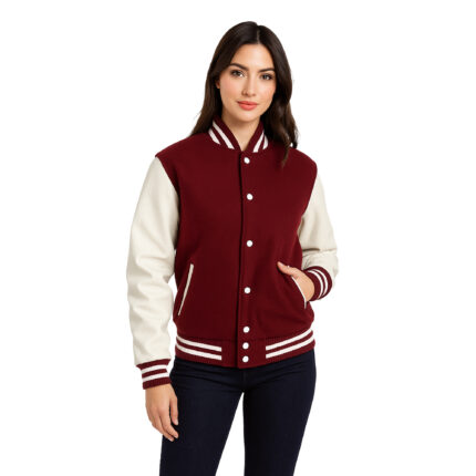 Classic Varsity Bomber Jacket – Maroon & White
